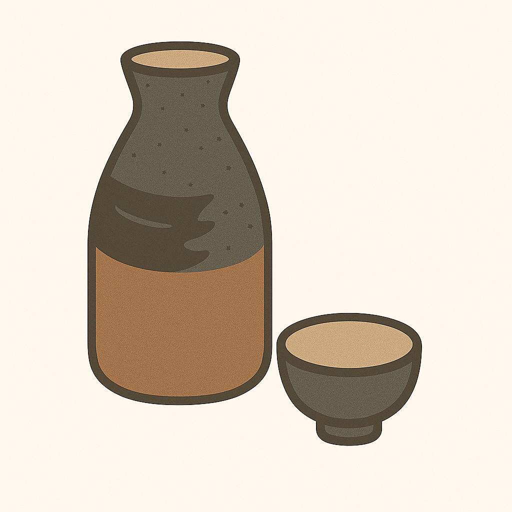 Traditional Kuro-Oribe sake set from Gifu, Japan. Includes one ceramic tokkuri and four ochoko with bold black glaze.
