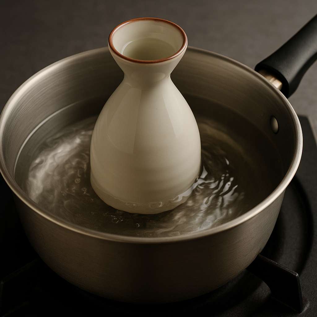 Tokkuri calentándose en una olla con agua caliente – método tradicional de preparar Atsukan en casa