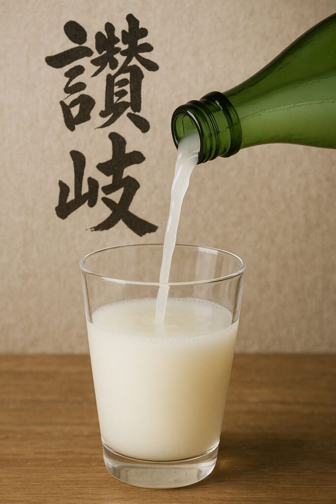 Ein weißer, trüber Sake wird in ein Glas gegossen – im Hintergrund steht das japanische Schriftzeichen „讃岐“. Dieses Bild symbolisiert die süße, cremige und joghurtähnliche Natur von Sanuki Cloudy, einem Nigori-Sake aus Kagawa, Japan.