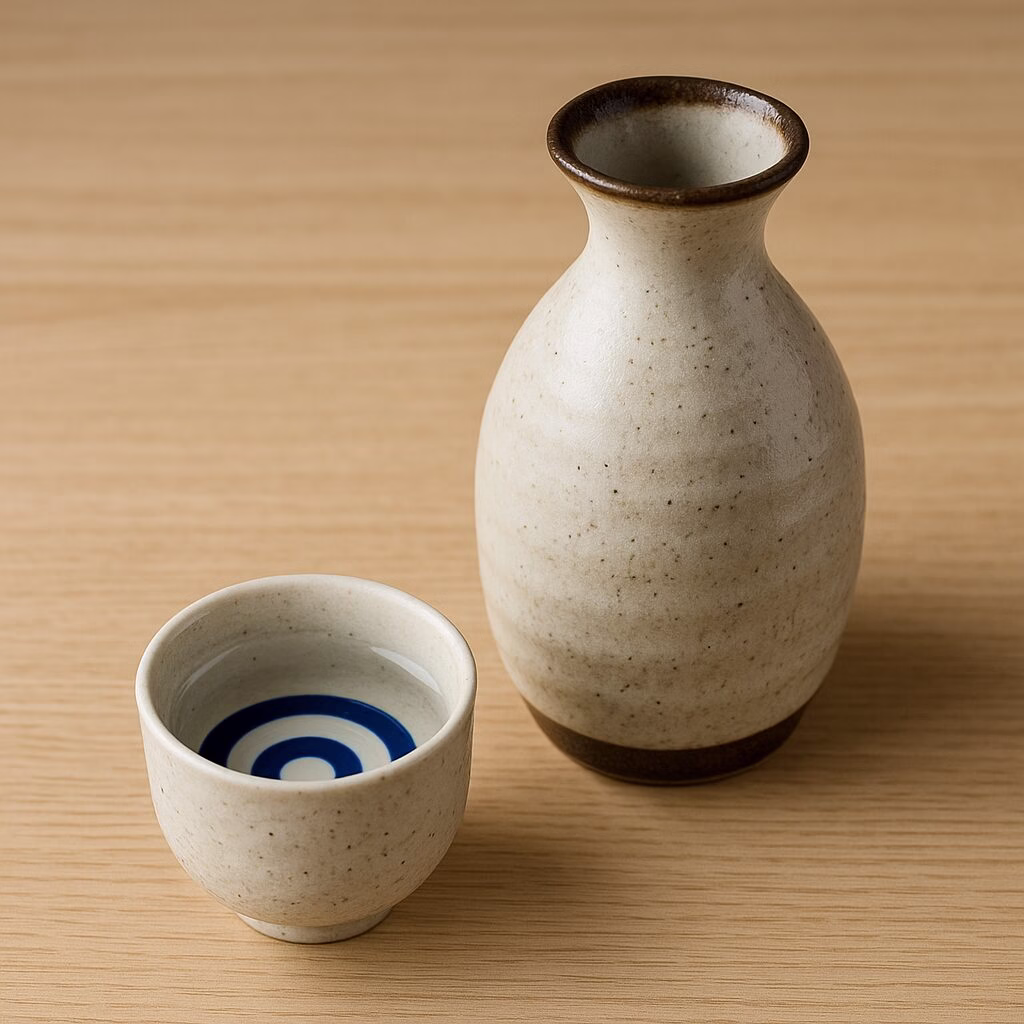 木目のテーブルに置かれた陶器製の徳利と蛇の目模様のお猪口。日本酒文化や伝統的な酒器の魅力を伝えるイメージ。