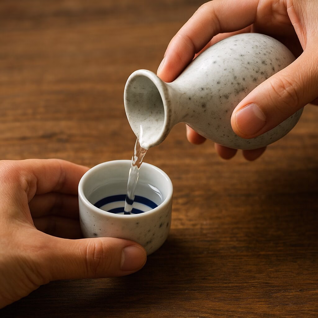 陶器の徳利からお猪口に日本酒を注ぐ手元のシーン。お酌の所作と日本酒文化の温かさを感じさせるイメージ。