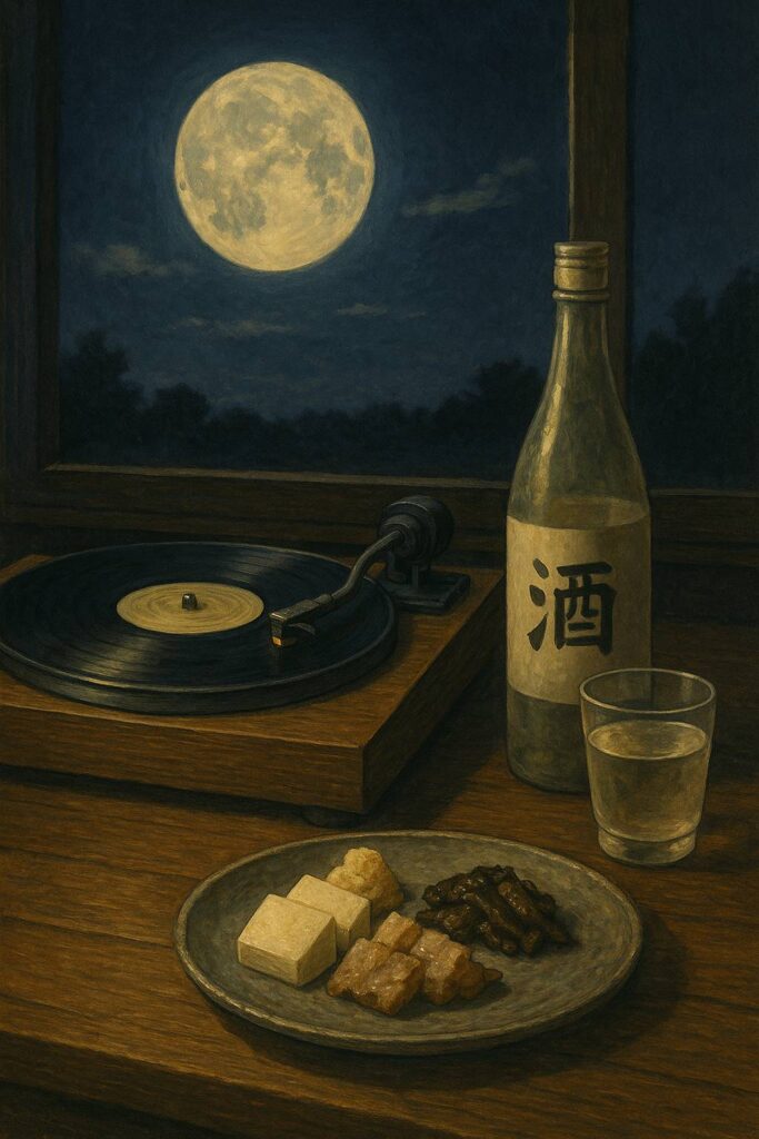 月明かりに照らされたレコードプレーヤー、日本酒とおつまみが並ぶ静かな夜のひととき