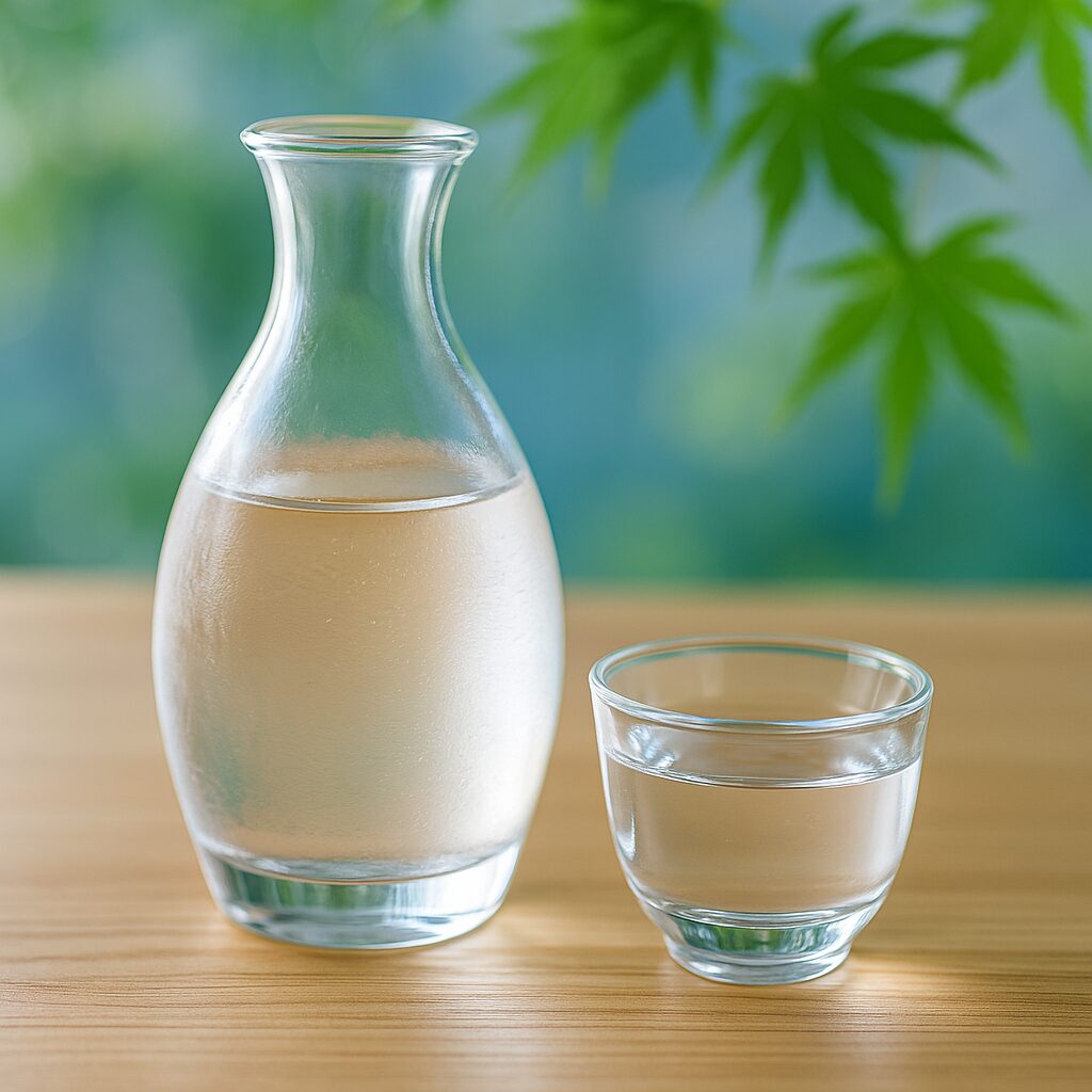 Transparante glazen sakekaraf en twee glazen ochoko van de Sasaki-collectie, elegant opgesteld op een houten tafel.